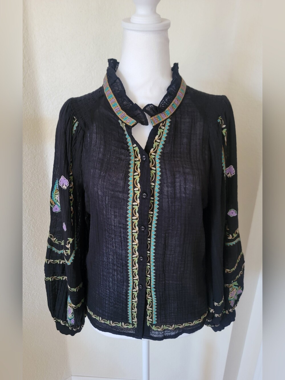 Secret Mission Embroidered Black Button-Front Blouse, Size Medium